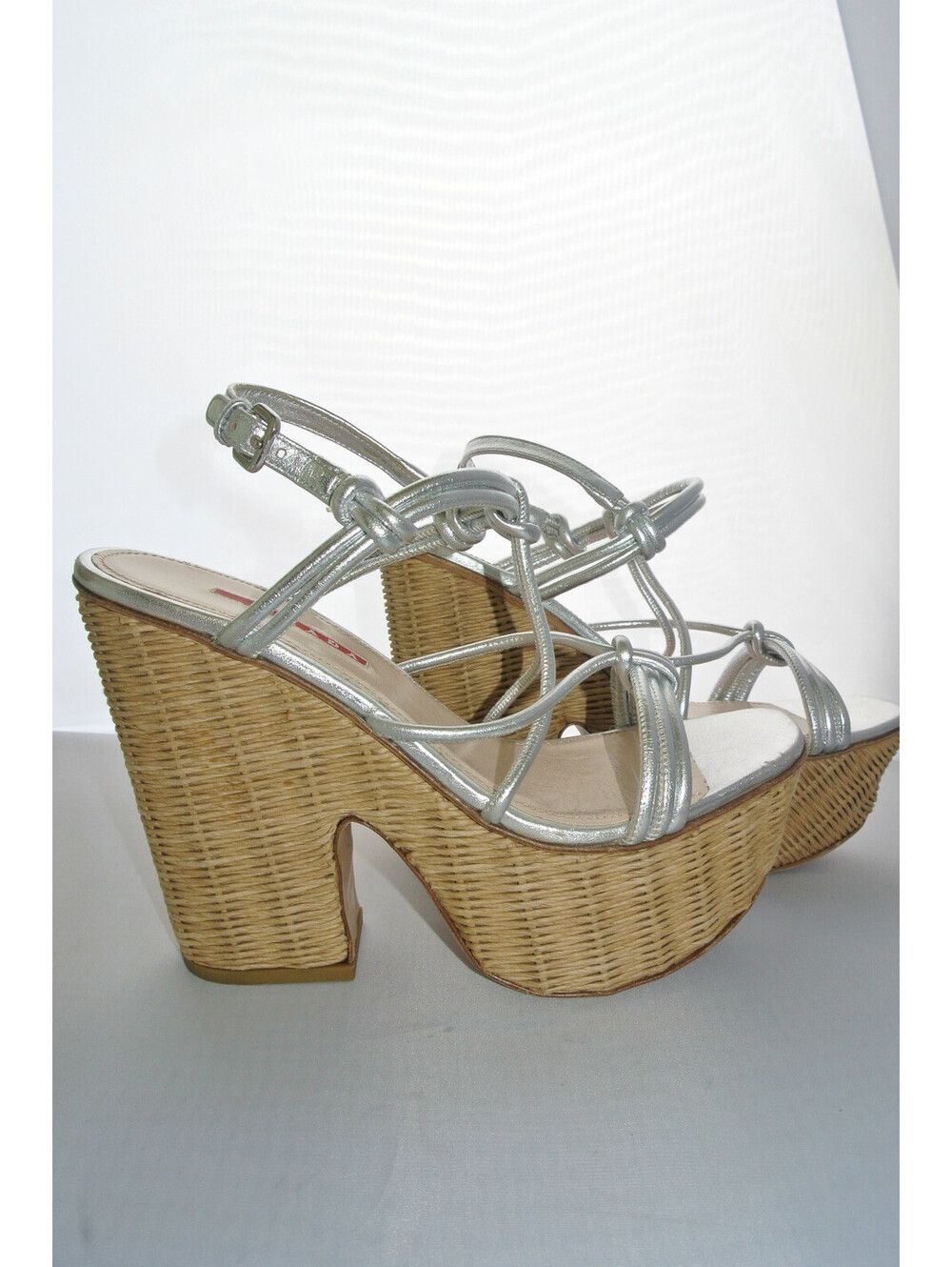 Prada Knotted Leather Wicker-Wedge Sandal, Sz:39.5 Retail $550 NEW